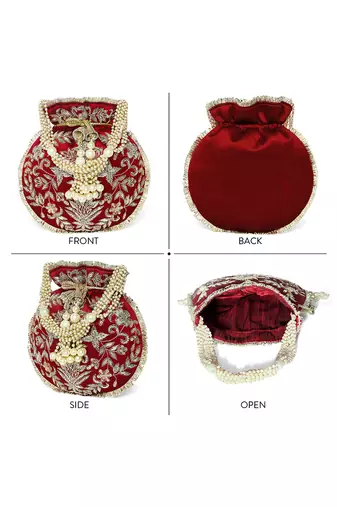 Maroon ethnic embroidered potli bag for women fancy evening bridal wristlet purse bag