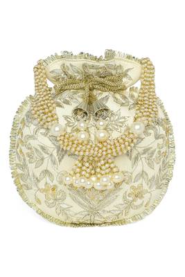 White ethnic embroidered potli bag for women fancy evening wristlet purse bag 2