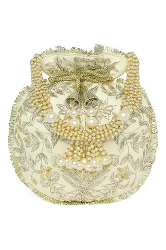 White ethnic embroidered potli bag for women fancy evening wristlet purse bag