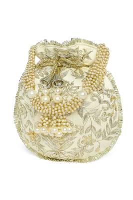 White ethnic embroidered potli bag for women fancy evening wristlet purse bag 3