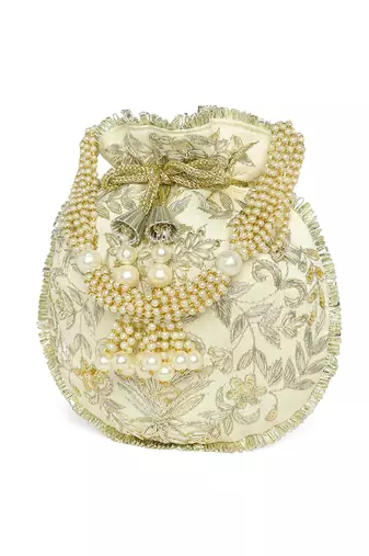 White ethnic embroidered potli bag for women fancy evening wristlet purse bag