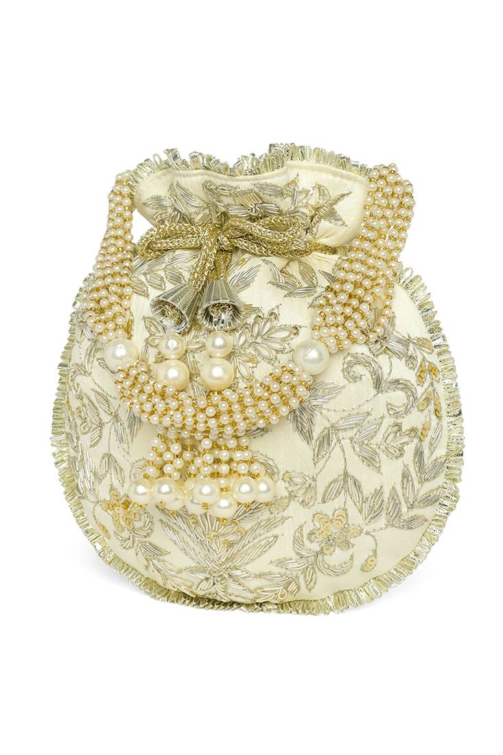 White ethnic embroidered potli bag for women fancy evening wristlet purse bag