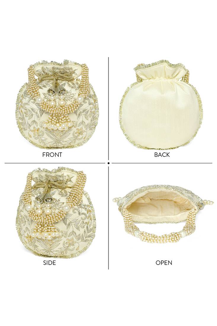 White ethnic embroidered potli bag for women fancy evening wristlet purse bag