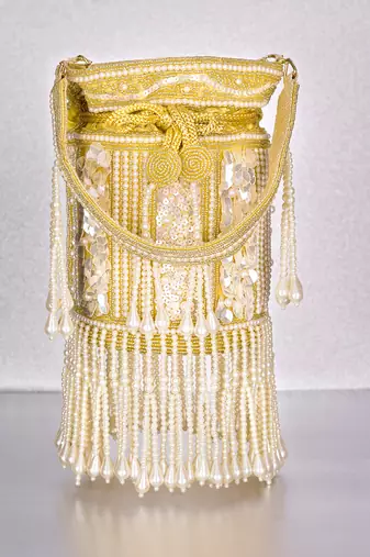 Golden ethnic embellished potli bag for women fancy evening wristlet purse bag