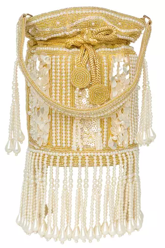 Golden ethnic embellished potli bag for women fancy evening wristlet purse bag