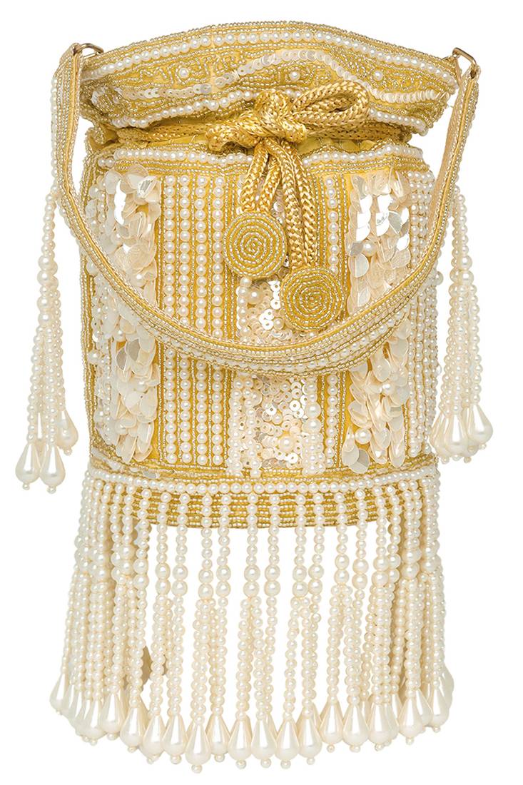 Golden ethnic embellished potli bag for women fancy evening wristlet purse bag