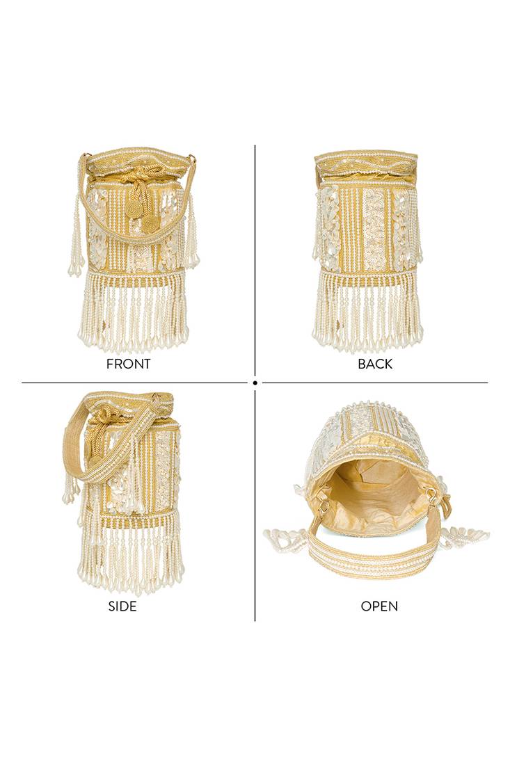 Golden ethnic embellished potli bag for women fancy evening wristlet purse bag