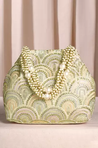 Cream sequins motifs potli bag for women handmade wristlet handbag stylish bridal purse fashion bag