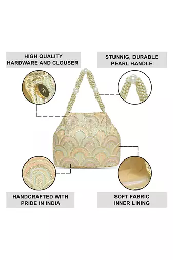 Cream sequins motifs potli bag for women handmade wristlet handbag stylish bridal purse fashion bag