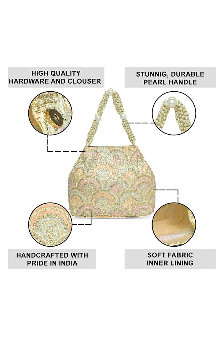 Cream sequins motifs potli bag for women handmade wristlet handbag stylish bridal purse fashion bag