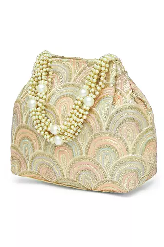 Cream sequins motifs potli bag for women handmade wristlet handbag stylish bridal purse fashion bag