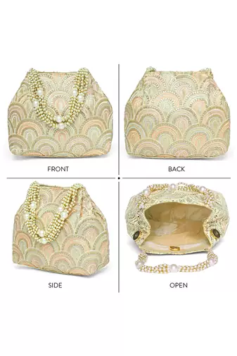 Cream sequins motifs potli bag for women handmade wristlet handbag stylish bridal purse fashion bag