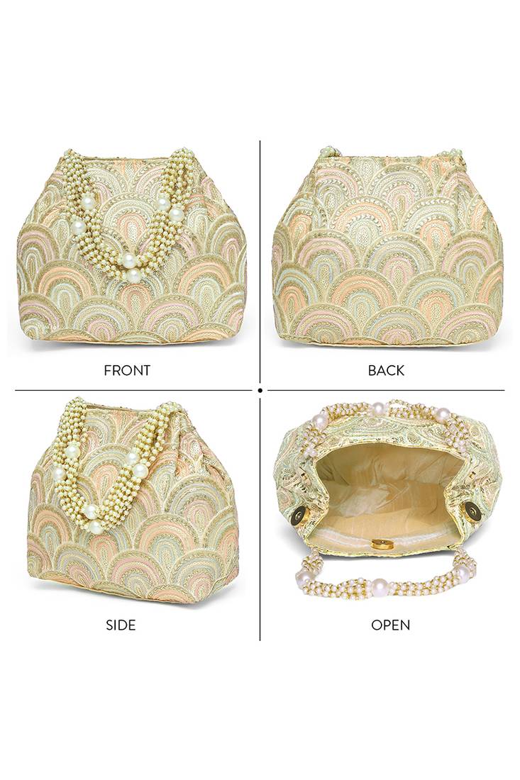 Cream sequins motifs potli bag for women handmade wristlet handbag stylish bridal purse fashion bag
