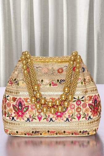 Cream embroidery polti bag with multicolor floral motive handbag for women