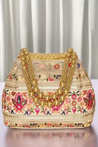 Cream embroidery polti bag with multicolor floral motive handbag for women
