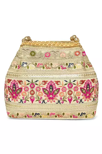 Cream embroidery polti bag with multicolor floral motive handbag for women