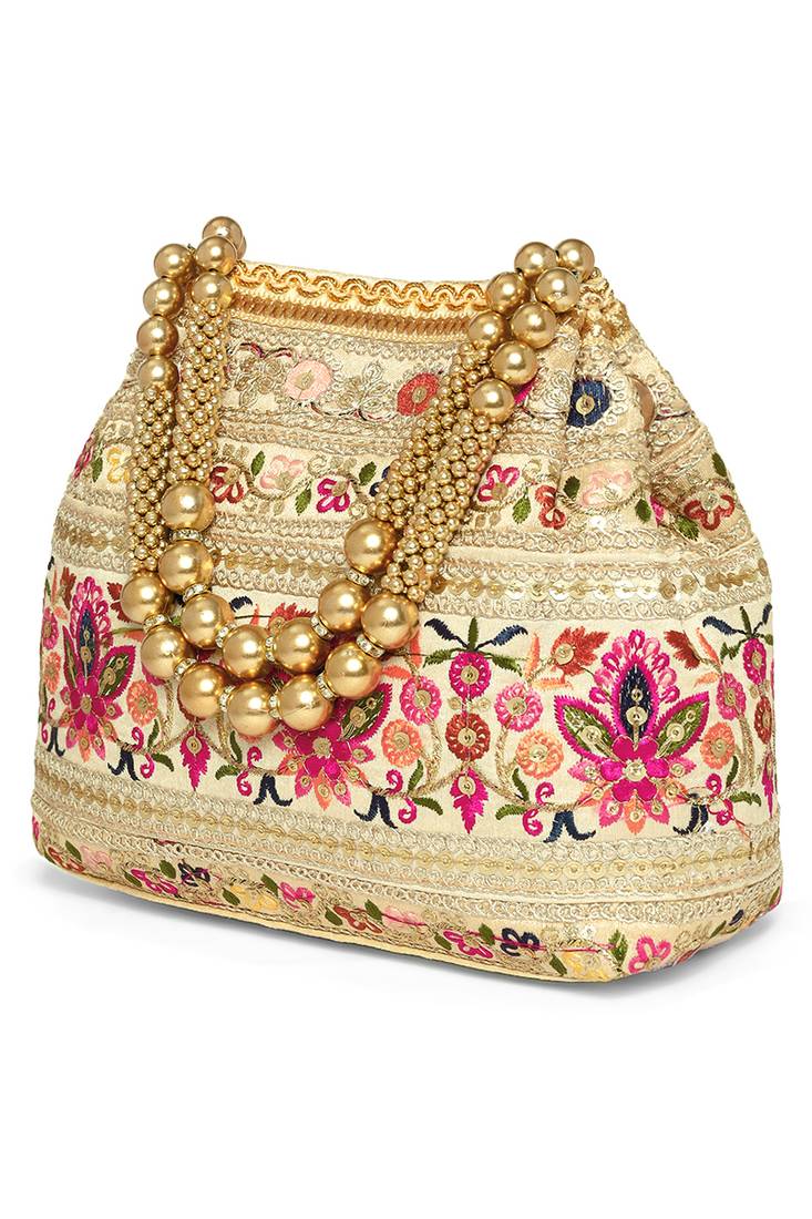 Cream embroidery polti bag with multicolor floral motive handbag for women
