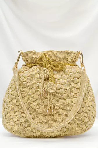 Cream beaded potli bag ethnic wristlet purse for women