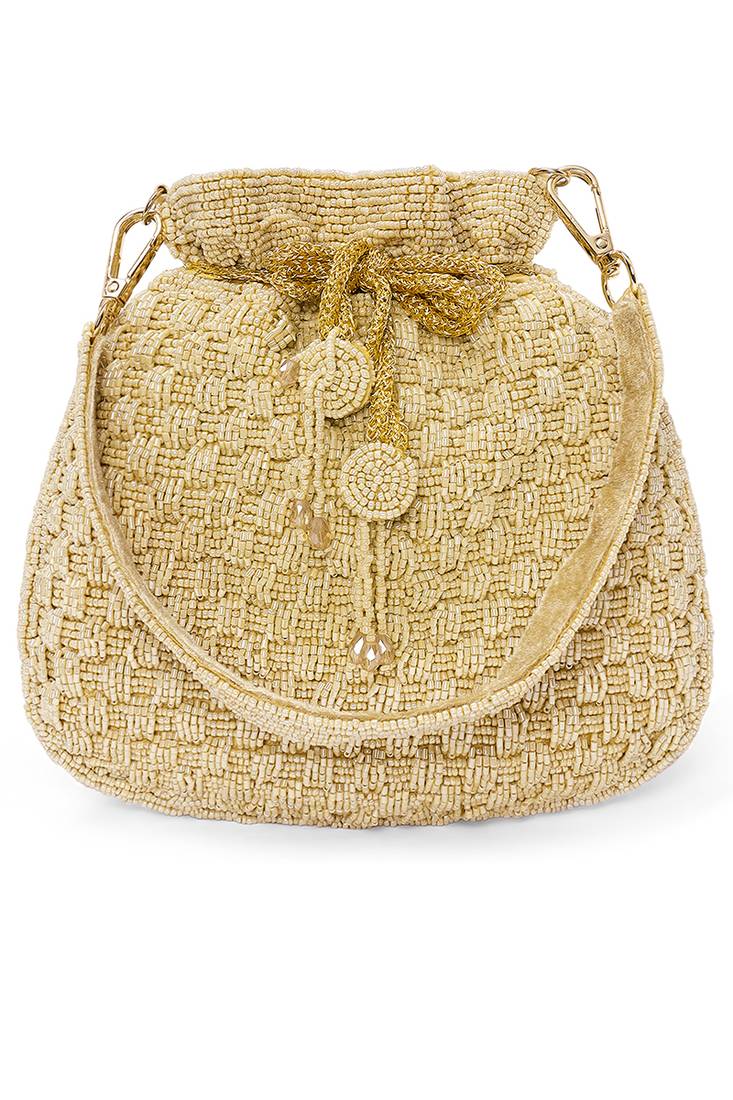 Cream beaded potli bag ethnic wristlet purse for women