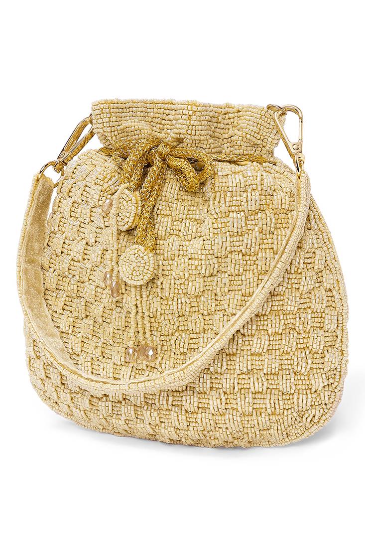 Cream beaded potli bag ethnic wristlet purse for women