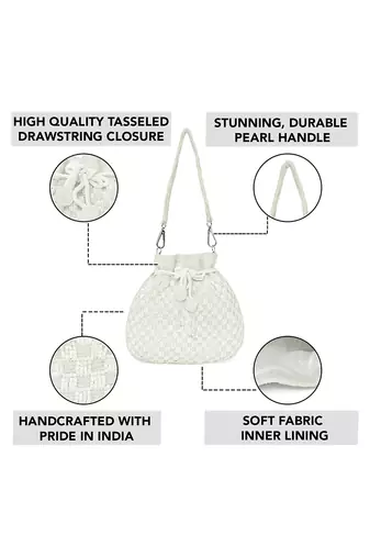 White beaded potli bag ethnic wristlet purse for women