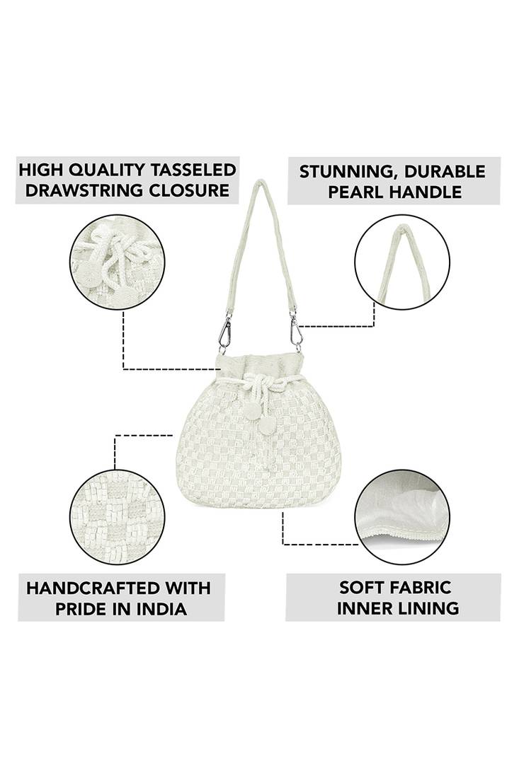 White beaded potli bag ethnic wristlet purse for women