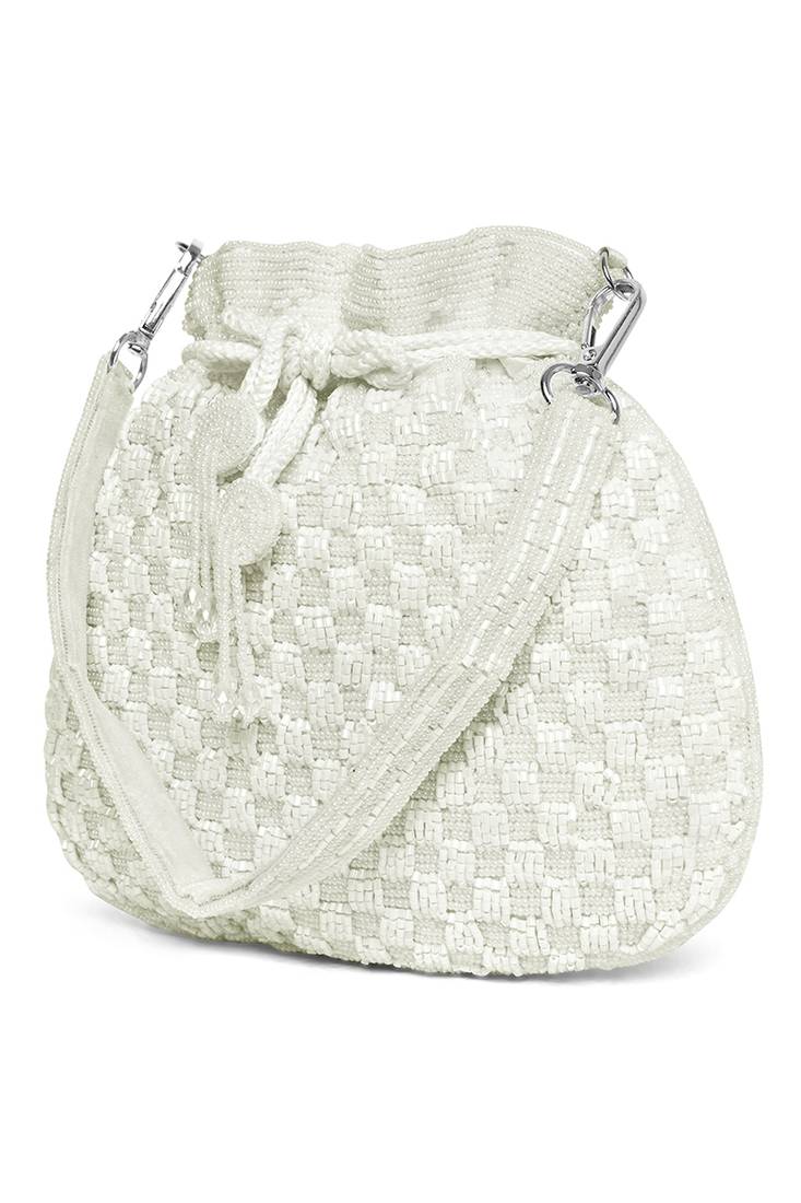 White beaded potli bag ethnic wristlet purse for women