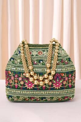 Green floral embroidery potli bag for women handmade wristlet handbag stylish purse ethnic fashion bag 1