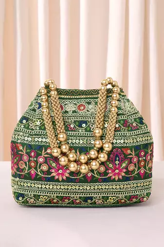 Green floral embroidery potli bag for women handmade wristlet handbag stylish purse ethnic fashion bag