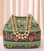 Green floral embroidery potli bag for women handmade wristlet handbag stylish purse ethnic fashion bag