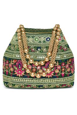 Green floral embroidery potli bag for women handmade wristlet handbag stylish purse ethnic fashion bag 2