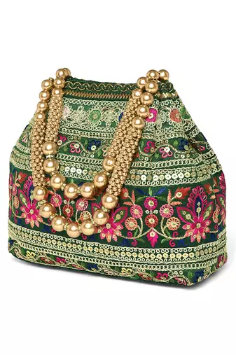Green floral embroidery potli bag for women handmade wristlet handbag stylish purse ethnic fashion bag