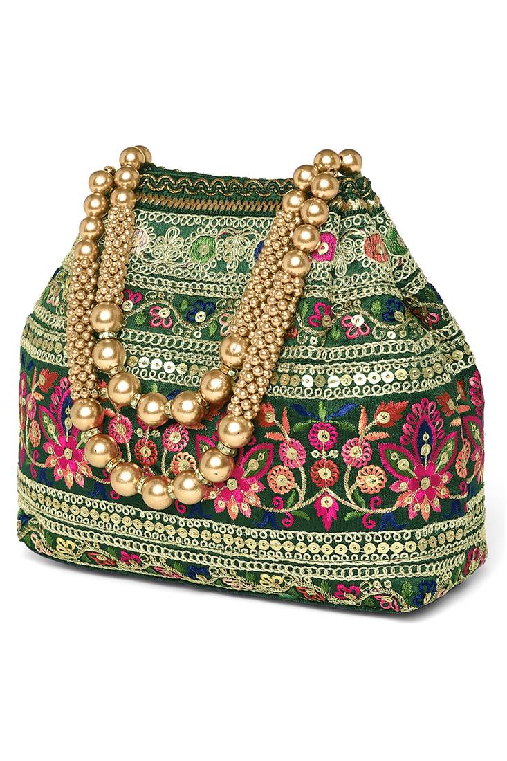 Green floral embroidery potli bag for women handmade wristlet handbag stylish purse ethnic fashion bag