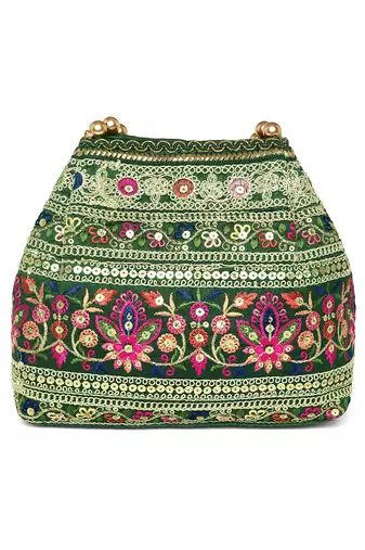 Green floral embroidery potli bag for women handmade wristlet handbag stylish purse ethnic fashion bag