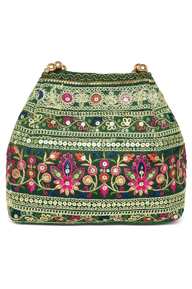 Green floral embroidery potli bag for women handmade wristlet handbag stylish purse ethnic fashion bag