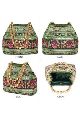Green floral embroidery potli bag for women handmade wristlet handbag stylish purse ethnic fashion bag 5
