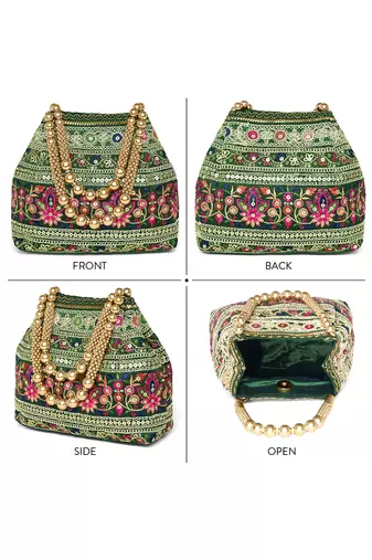 Green floral embroidery potli bag for women handmade wristlet handbag stylish purse ethnic fashion bag