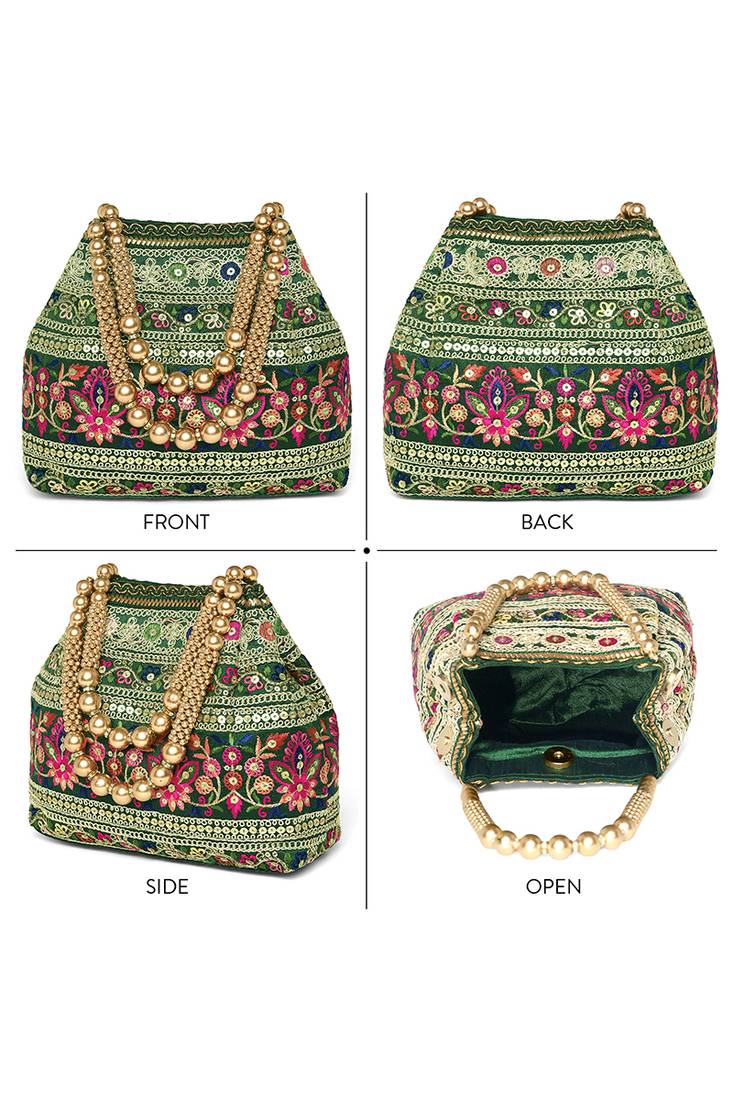 Green floral embroidery potli bag for women handmade wristlet handbag stylish purse ethnic fashion bag