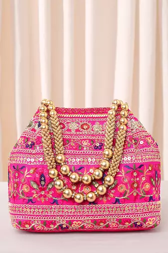 Rani pink floral embroidery potli bag for women handmade wristlet handbag stylish purse ethnic fashion bag