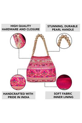 Rani pink floral embroidery potli bag for women handmade wristlet handbag stylish purse ethnic fashion bag 2