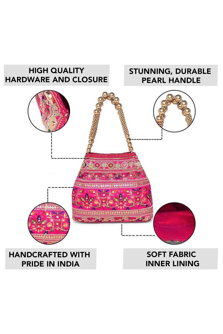 Rani pink floral embroidery potli bag for women handmade wristlet handbag stylish purse ethnic fashion bag