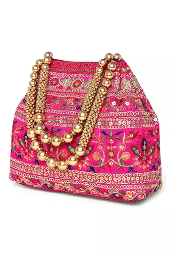 Rani pink floral embroidery potli bag for women handmade wristlet handbag stylish purse ethnic fashion bag