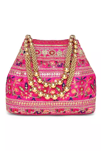 Rani pink floral embroidery potli bag for women handmade wristlet handbag stylish purse ethnic fashion bag