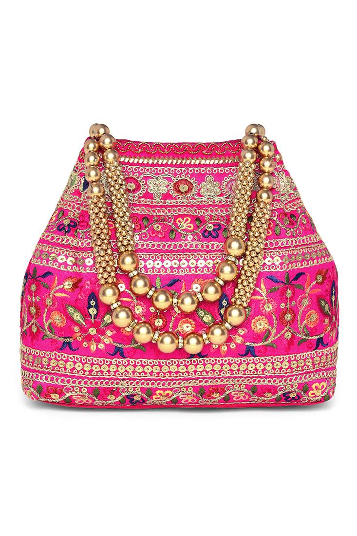 Rani pink floral embroidery potli bag for women handmade wristlet handbag stylish purse ethnic fashion bag