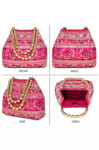 Rani pink floral embroidery potli bag for women handmade wristlet handbag stylish purse ethnic fashion bag