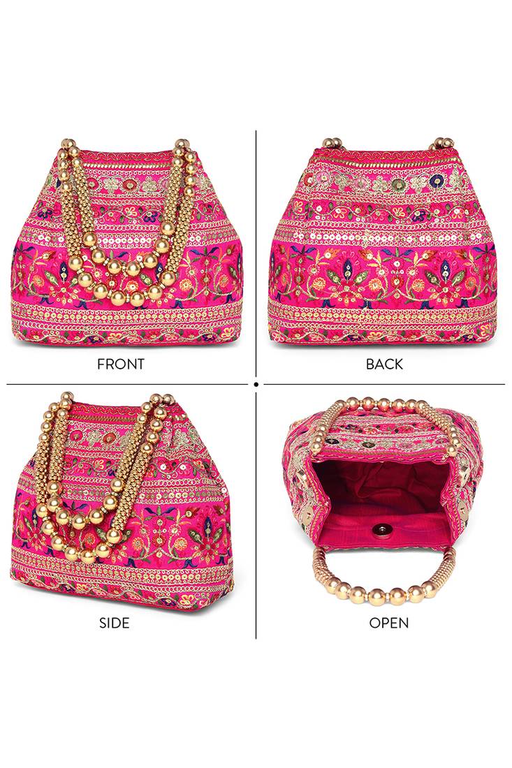 Rani pink floral embroidery potli bag for women handmade wristlet handbag stylish purse ethnic fashion bag