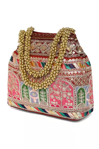 Maroon embroidery potli bag for women handmade wristlet handbag stylish purse ethnic fashion bag