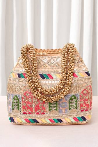 Peach embroidery potli bag handmade wristlet handbag stylish purse ethnic fashion bag for women