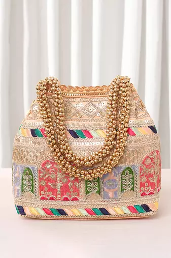 Peach embroidery potli bag handmade wristlet handbag stylish purse ethnic fashion bag for women