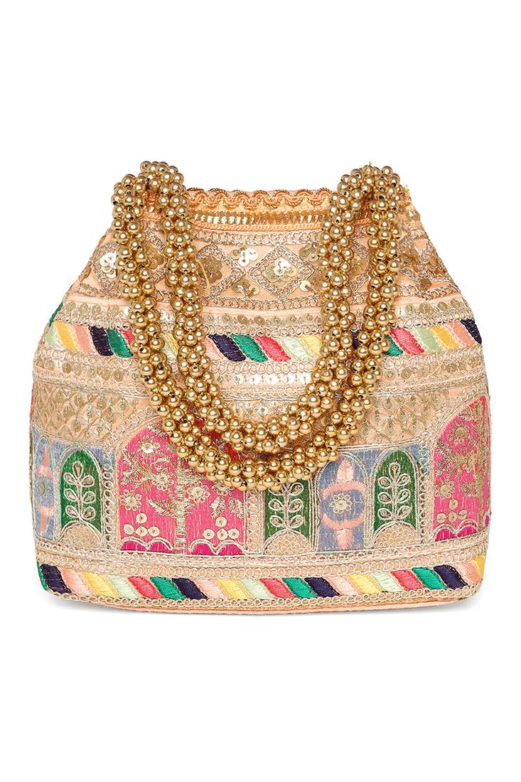 Peach embroidery potli bag handmade wristlet handbag stylish purse ethnic fashion bag for women